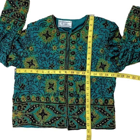 Vintage Silk Adrianna Papell Evening Dinner Jacket Beaded Turquoise Teal SM - Picture 7 of 16